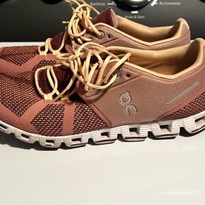 On Running Pink and Tan Sneakers